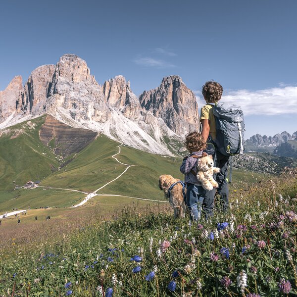 Famiglia con il cane al Col Rodella in Val di Fassa | © Patricia Ramirez  - Archivio Immagini ApT Val di Fassa
