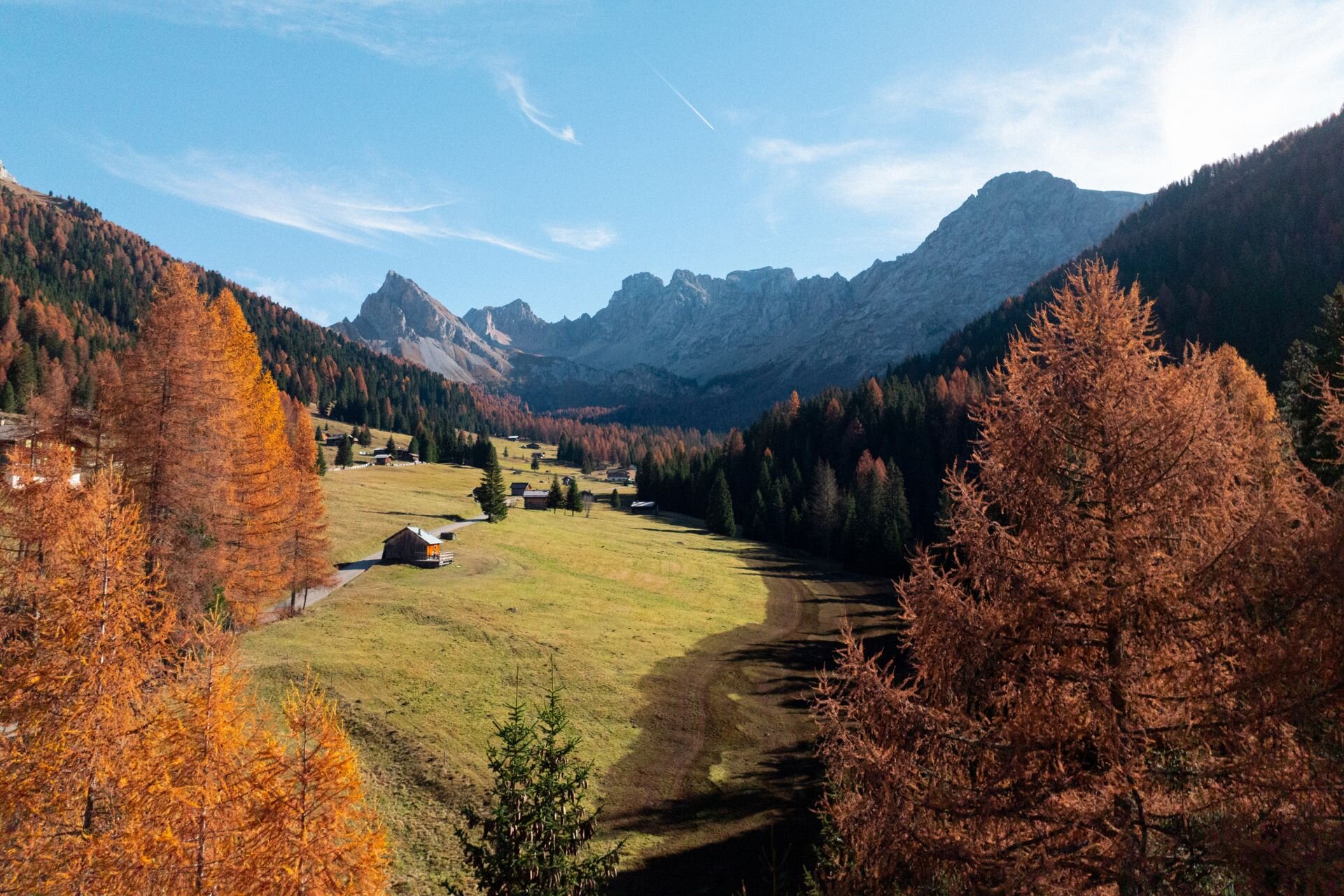 Vista dall'alto di un sentiero fra prati, boschi e foliage in Val San Nicolò | © Archivio immagini ApT Val di Fassa - Federico Modica